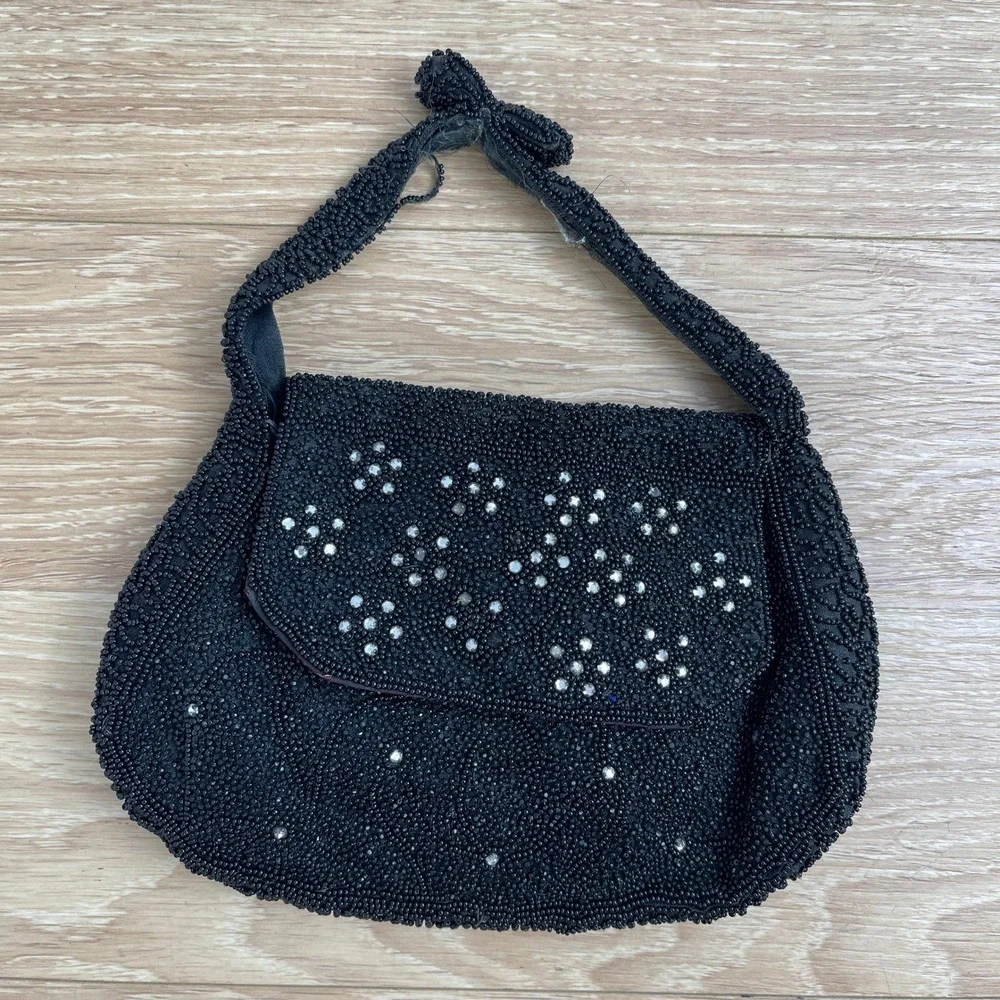 Vintage Black Beaded Evening Bag Rhinestone Floral Bow Handle Handbag 1950s